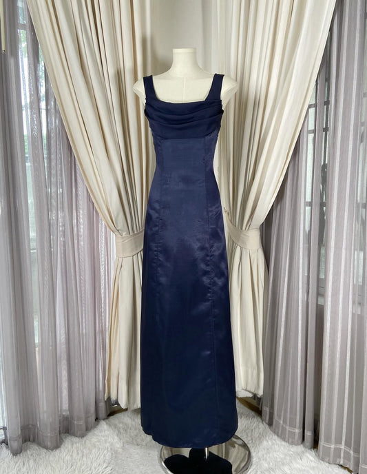 Marineblaues langes Ballkleid aus Satin, elegantes formelles Abendkleid J8537