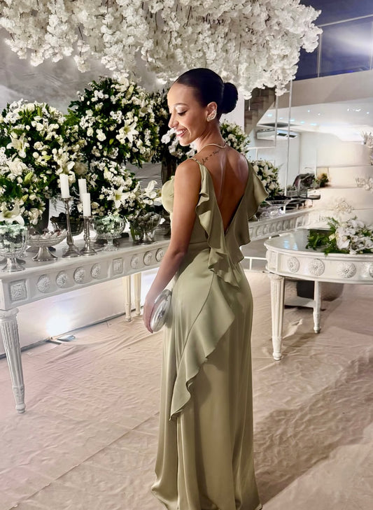 V Back Ruffle Long Party Dress Satin Wedding Guest Dress J8835