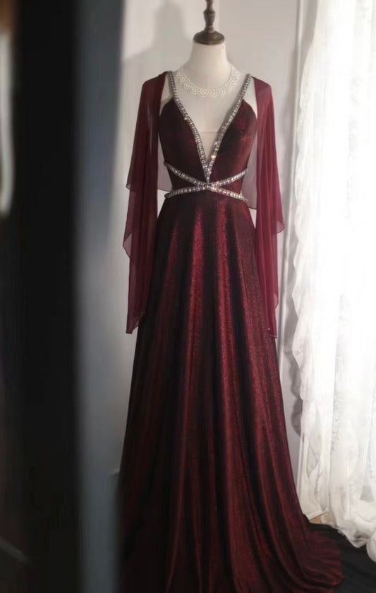 Backless Burgundy Long Prom Dress Sexy Evening Dress Graduation Dress J8884