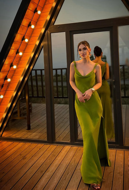 Robe fourreau verte pour invité de mariage, robe de bal longue J7834