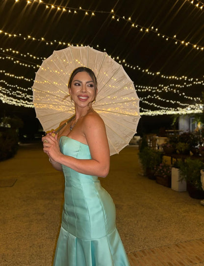 Robe de bal longue sirène bleue en satin J8059