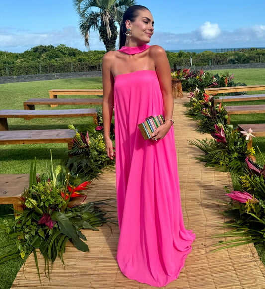 Robe de mariée bustier coupe trapèze rose vif en mousseline de soie, robe de bal J7779