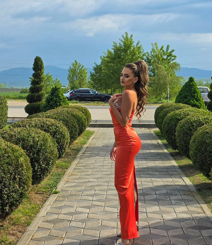 Perlenbesetztes Etuikleid aus Satin, formelles Abschlussball-Partykleid J7144