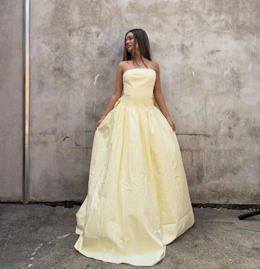 Strapless A Line Yellow Long Prom Dress With Bow Formal Evening Party Dress J8895