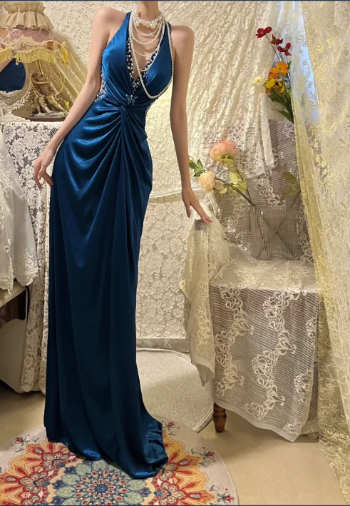 Vintage Blue V-Neck Beaded Satin Long Prom Dress J8778