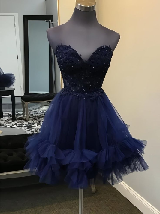 Marineblau - A-Linie Sweetheart Rüschen Tüll Homecoming Kleid J7739