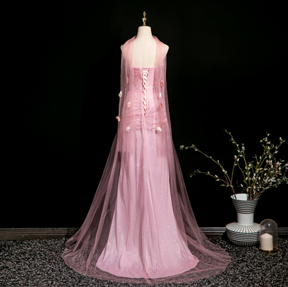 Robe de bal longue rose sirène en tulle sans bretelles et fleurs J8158