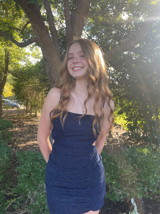 Etuikleid Marineblau Mini Homecoming Kleid Glänzendes Geburtstagskleid J8267