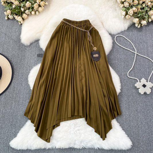 High Waist Pleated Skirt Mid-length Irregular A Line Skirt L10