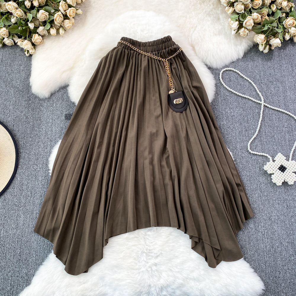 High Waist Pleated Skirt Mid-length Irregular A Line Skirt L10