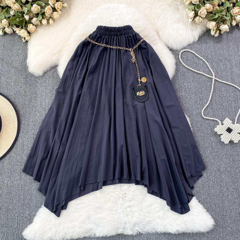 High Waist Pleated Skirt Mid-length Irregular A Line Skirt L10