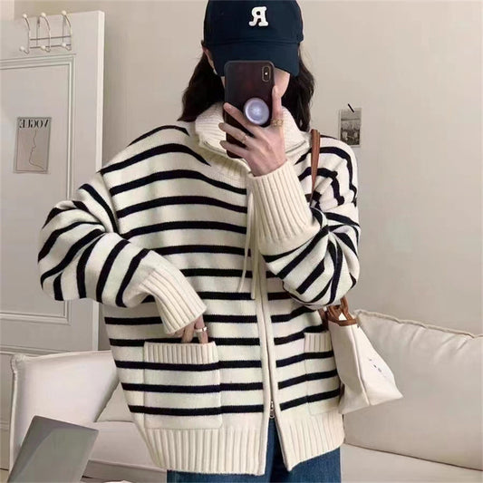 Zipper Loose Striped Sweater Jacket Autumn Stand Collar Cardigan with Pockets 1816