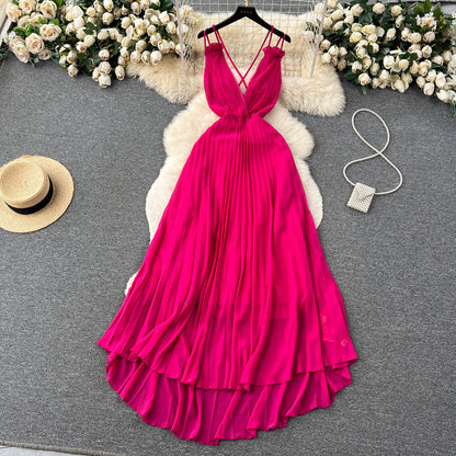 Sexy Pleated Deep V Neck Halter Back Maxi Holiday Dress L11