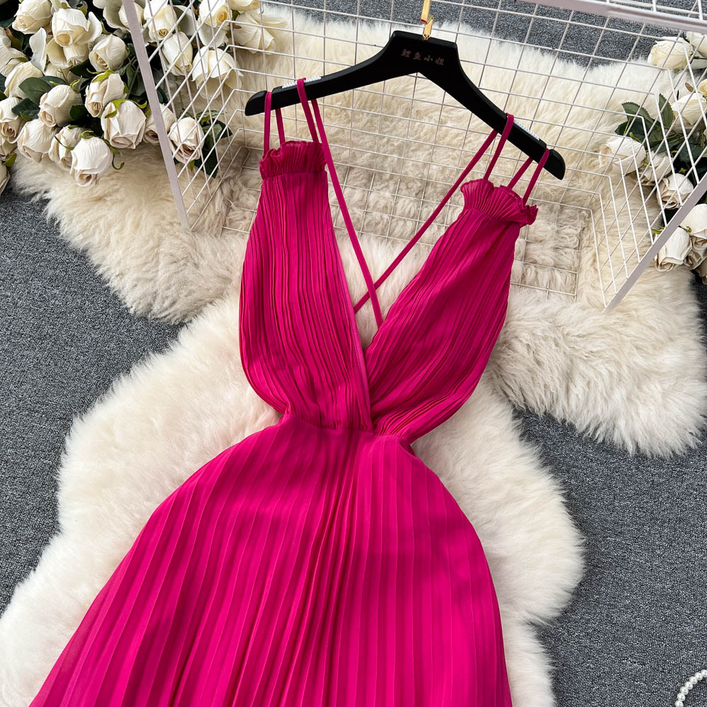 Sexy Pleated Deep V Neck Halter Back Maxi Holiday Dress L11