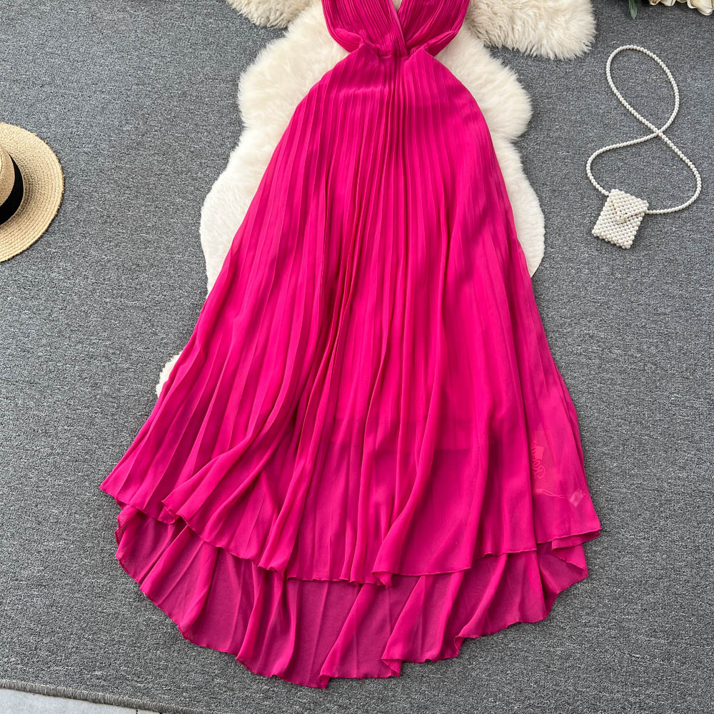 Sexy Pleated Deep V Neck Halter Back Maxi Holiday Dress L11