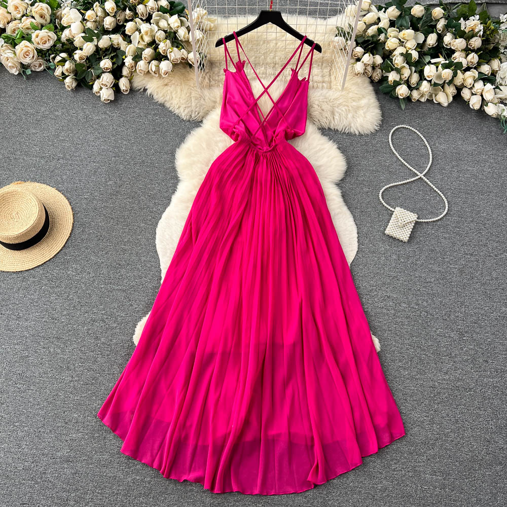 Sexy Pleated Deep V Neck Halter Back Maxi Holiday Dress L11