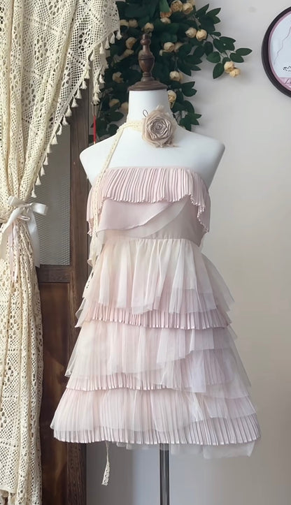 Trägerloses A-Linien-Heimkehrkleid in Rosa mit Plissee, kurzes formelles Partykleid J7061