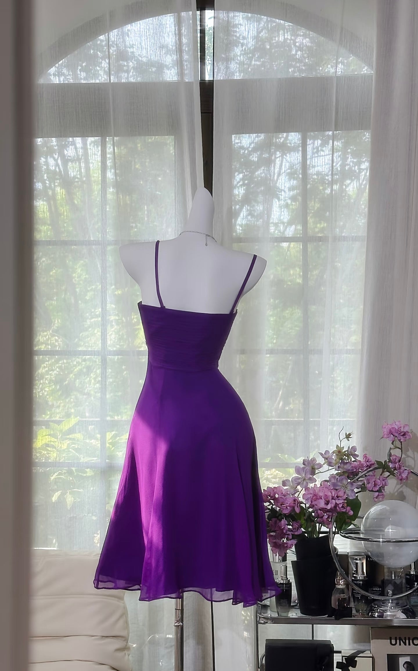 Spaghettiträger Lila A-Linie Homecoming-Kleid Kurzes Ballkleid J7295