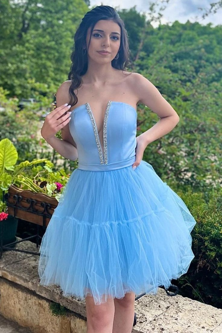 Sky Blue Strapless Lace Up A-Line Homecoming Dress J7519