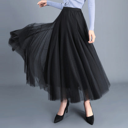 Mesh Skirt High Waist Mid-length Skirt Big Swing A-line Long Skirt Women 732