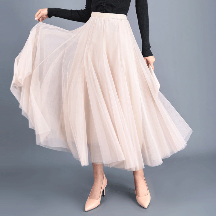 Mesh Skirt High Waist Mid-length Skirt Big Swing A-line Long Skirt Women 732