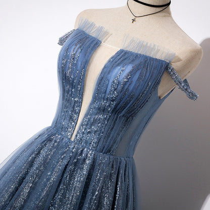 Off Shoulder Deep V Neck Prom Dress A Line Blue Evening Party Gown 685