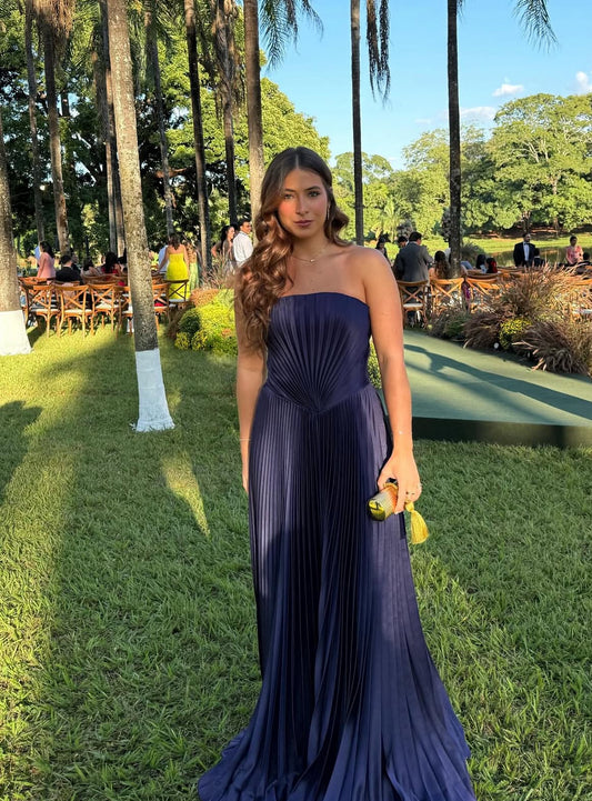 Strapless Navy Blue Pleated Formal Party Dress Wedding Guest Dress J7034