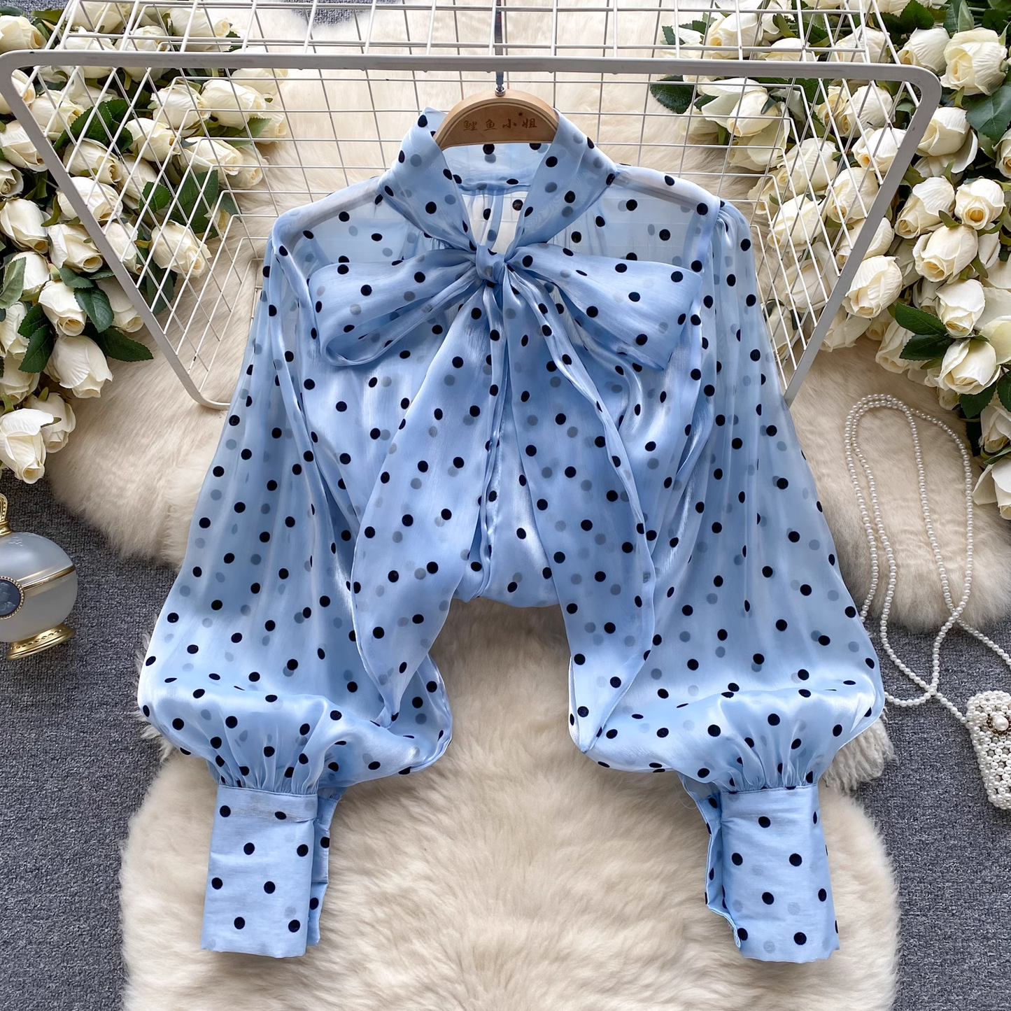 French Style Polka Dot Shirt Puff Sleeve Bow Top L12