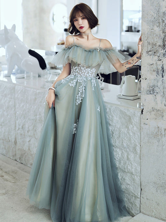 Off Shoulder A Line Tulle Prom Dress Gray Green Formal Evening Party Gown 631