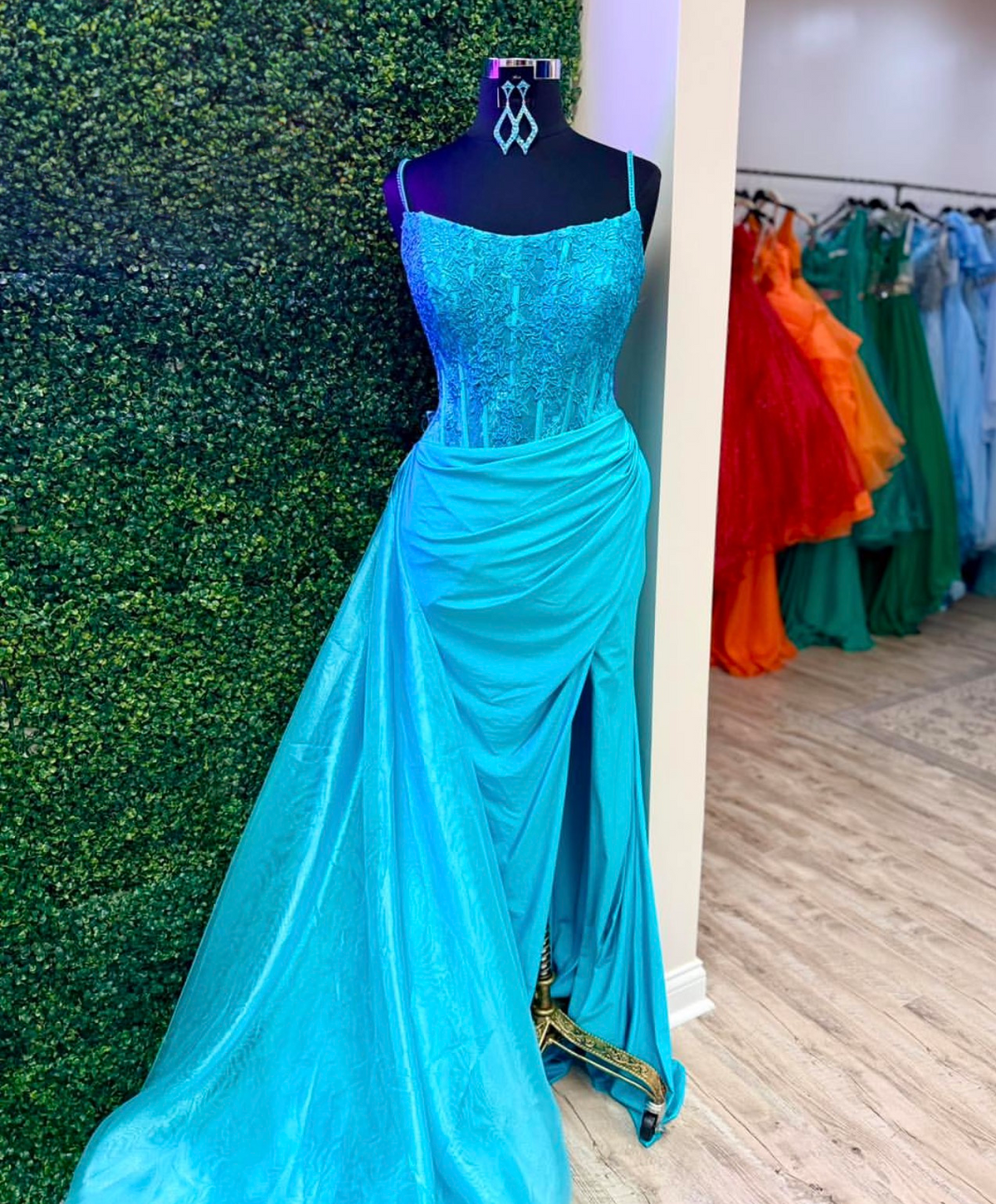 Spaghetti Straps Blue Satin Formal Prom Dress With Appliques  J12209
