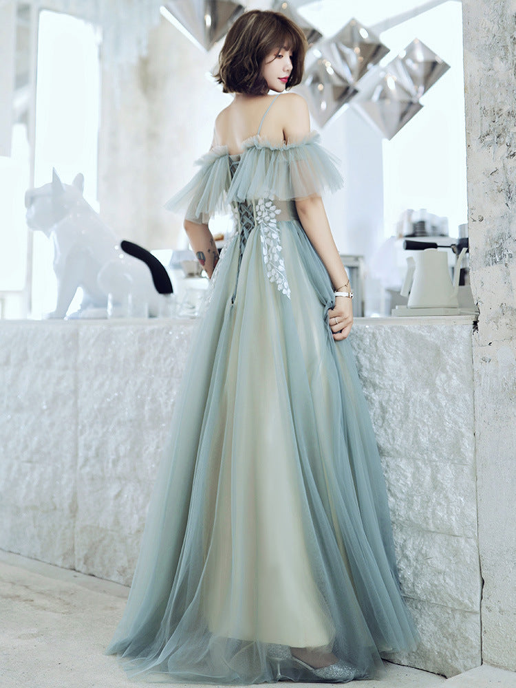 Off Shoulder A Line Tulle Prom Dress Gray Green Formal Evening Party Gown 631