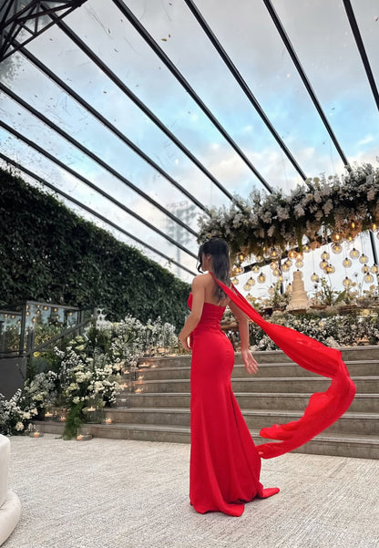 Robe de bal sirène rouge chérie, robe d'invitée de mariage J7019