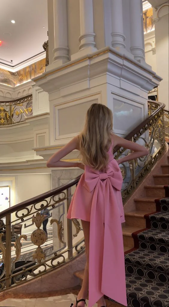 Robe de soirée rose courte, robe de cocktail courte, robe de bal courte avec nœud papillon, J7265