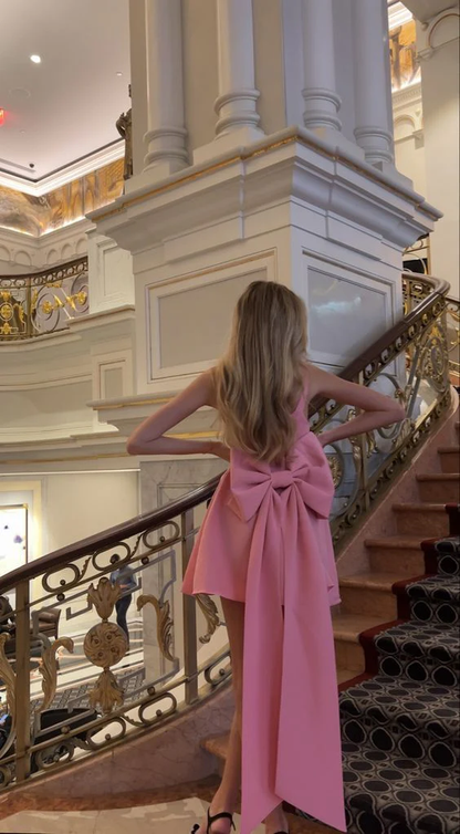 Robe de soirée rose courte, robe de cocktail courte, robe de bal courte avec nœud papillon, J7265