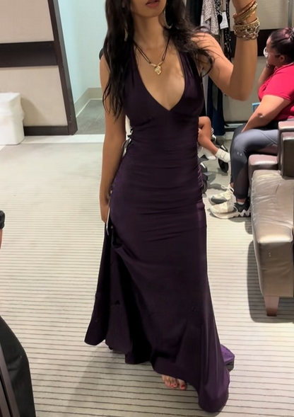 V Neck Purple Mermaid Satin Prom Dress Formal Evening Gown J10071