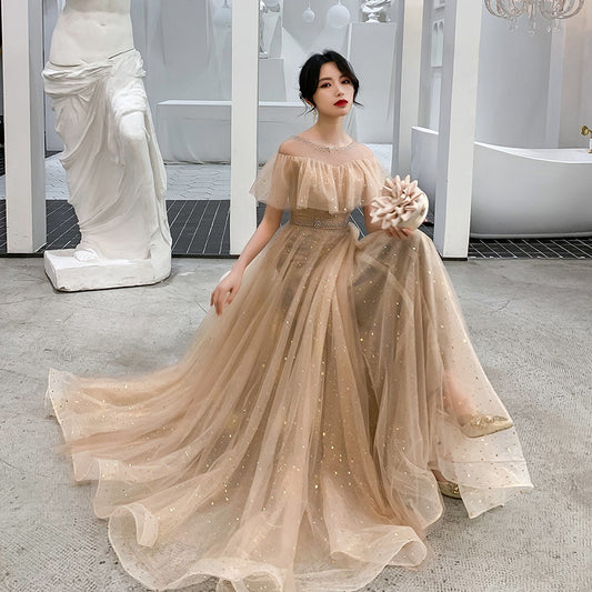 Off Shoulder A Line Tulle Prom Dress Shiny Khaki Formal Party Dress 670