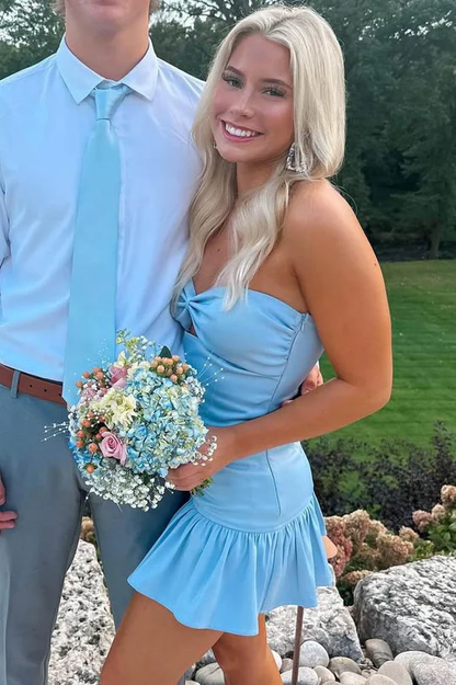 Robe de bal courte moulante sans bretelles bleue J6965