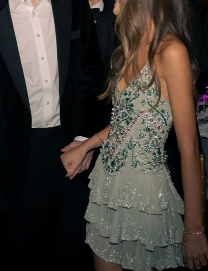 Robe de soirée trapèze à bretelles spaghetti et perles, tenue pour 18e anniversaire, J8656