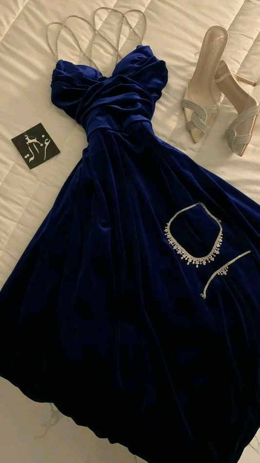 Robe de soirée trapèze en velours bleu roi à bretelles spaghetti, tenue d'anniversaire J7329