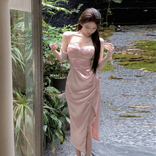 Summer Spaghetti Strap Dress Satin Mid length Skirt Irregular Slit Pink Skirt 1085