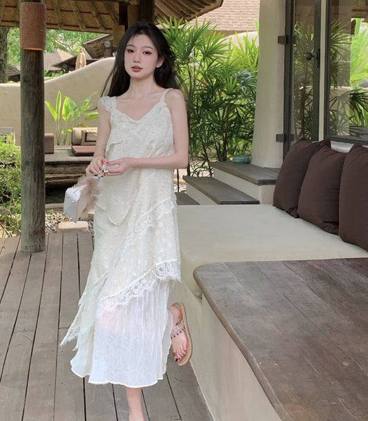 French Lace White Spaghetti Strap Summer Mid Length Fairy Dress 1090