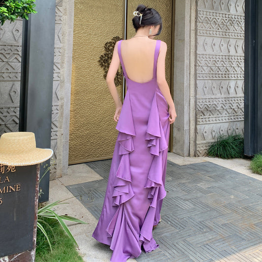 Purple Satin Backless Gown V Neck Summer Ruffled Long formal Dress 1087