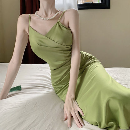 Green Satin Dress Summer Slim V Neck Spaghetti Strap Skirt Evening Dress 1097