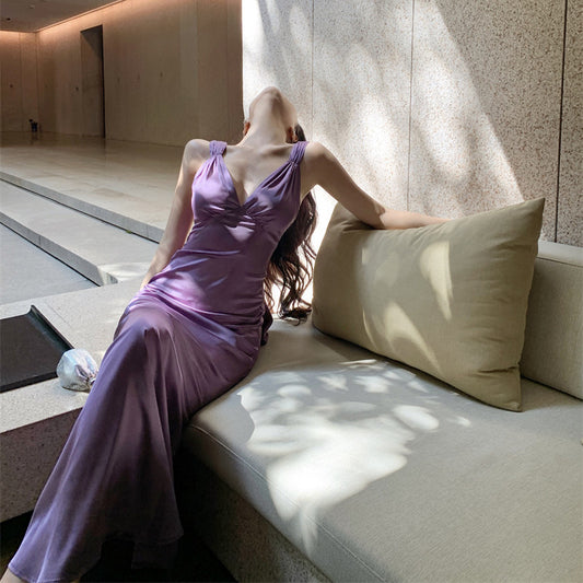 Purple Satin Backless Dress Mermaid Ruffle Evening Gown 1084