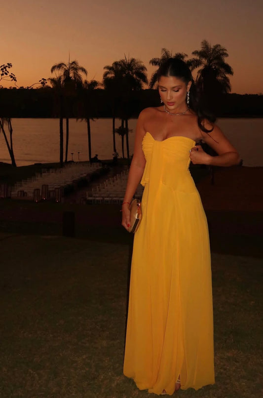 Sweetheart A Line Yellow Chiffon Prom Dress Wedding Guest Dress J7760