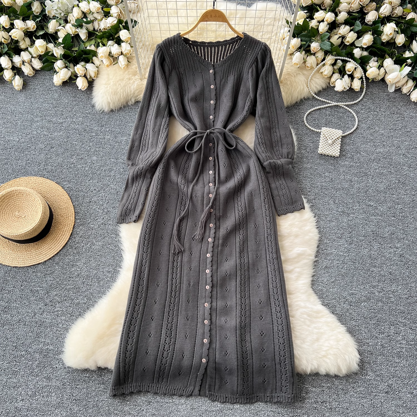 Autumn and Winter Knitted Dress with Sweet Hollow Lantern Sleeves L15