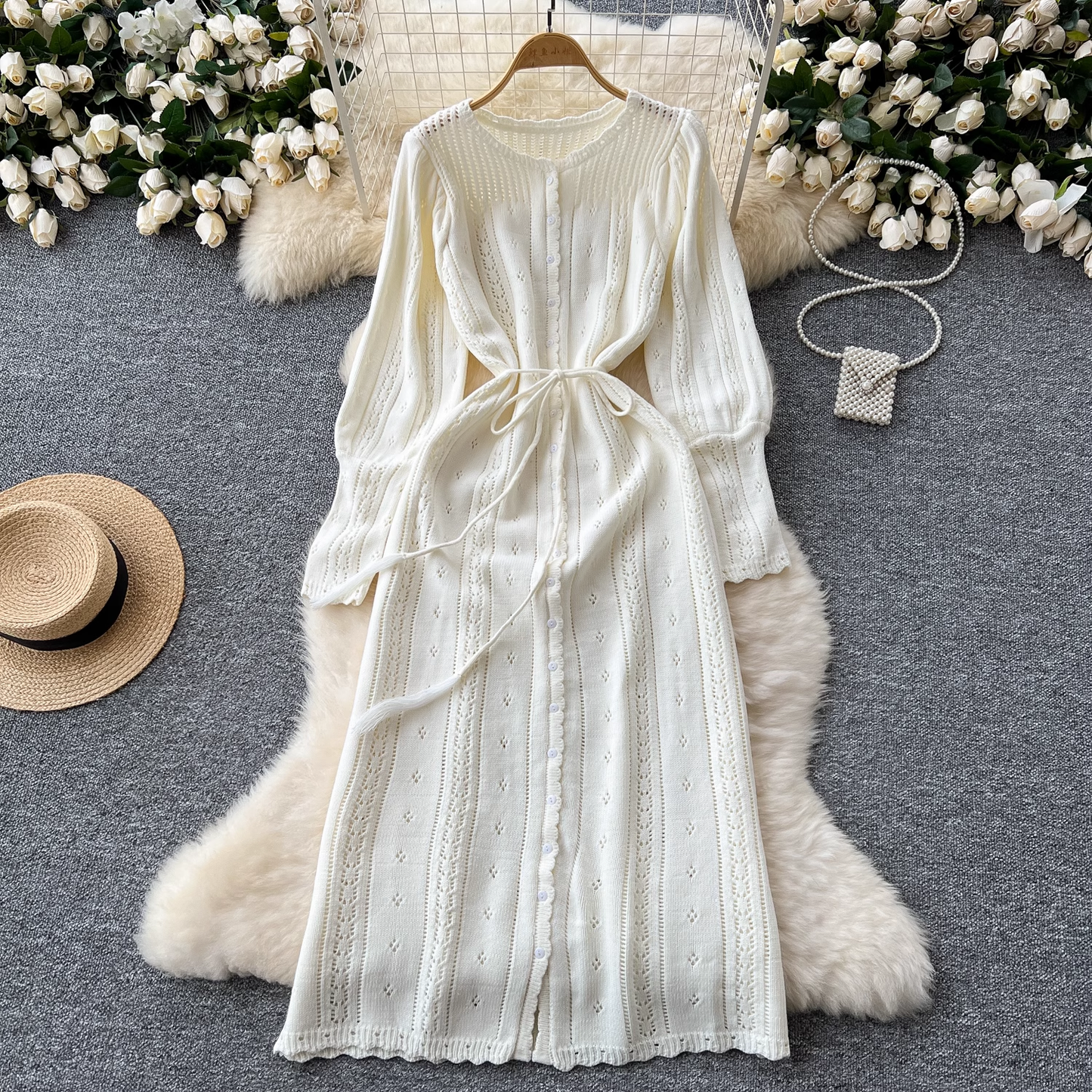 Autumn and Winter Knitted Dress with Sweet Hollow Lantern Sleeves L15