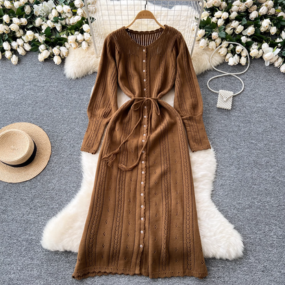 Autumn and Winter Knitted Dress with Sweet Hollow Lantern Sleeves L15