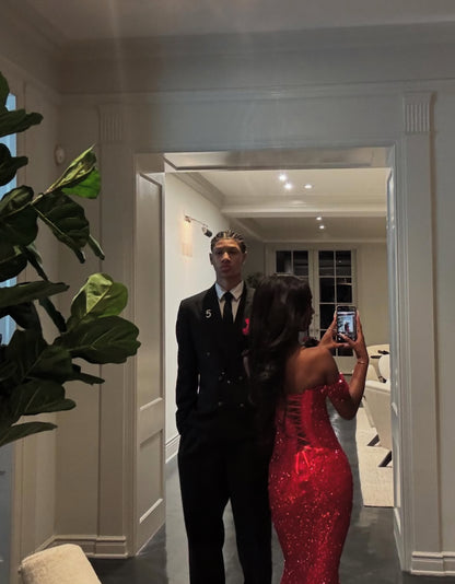 Off Shoulder Mermaid Red Long Prom Dress Sequin Evening Dress J7902
