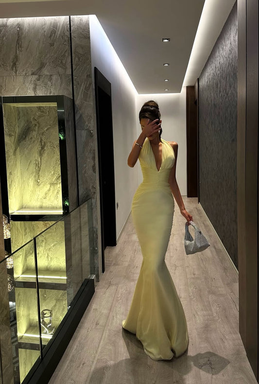 Halter Mermaid Yellow Evening Dress Formal Party Prom Dress J7083
